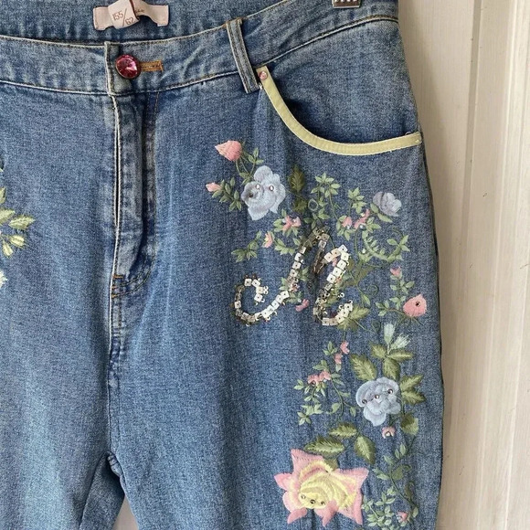 Moiselle Y2K Jeans Women 0/W27 Floral Embroidered Light Wash Blue Fray Hem Fairy - Picture 12 of 14